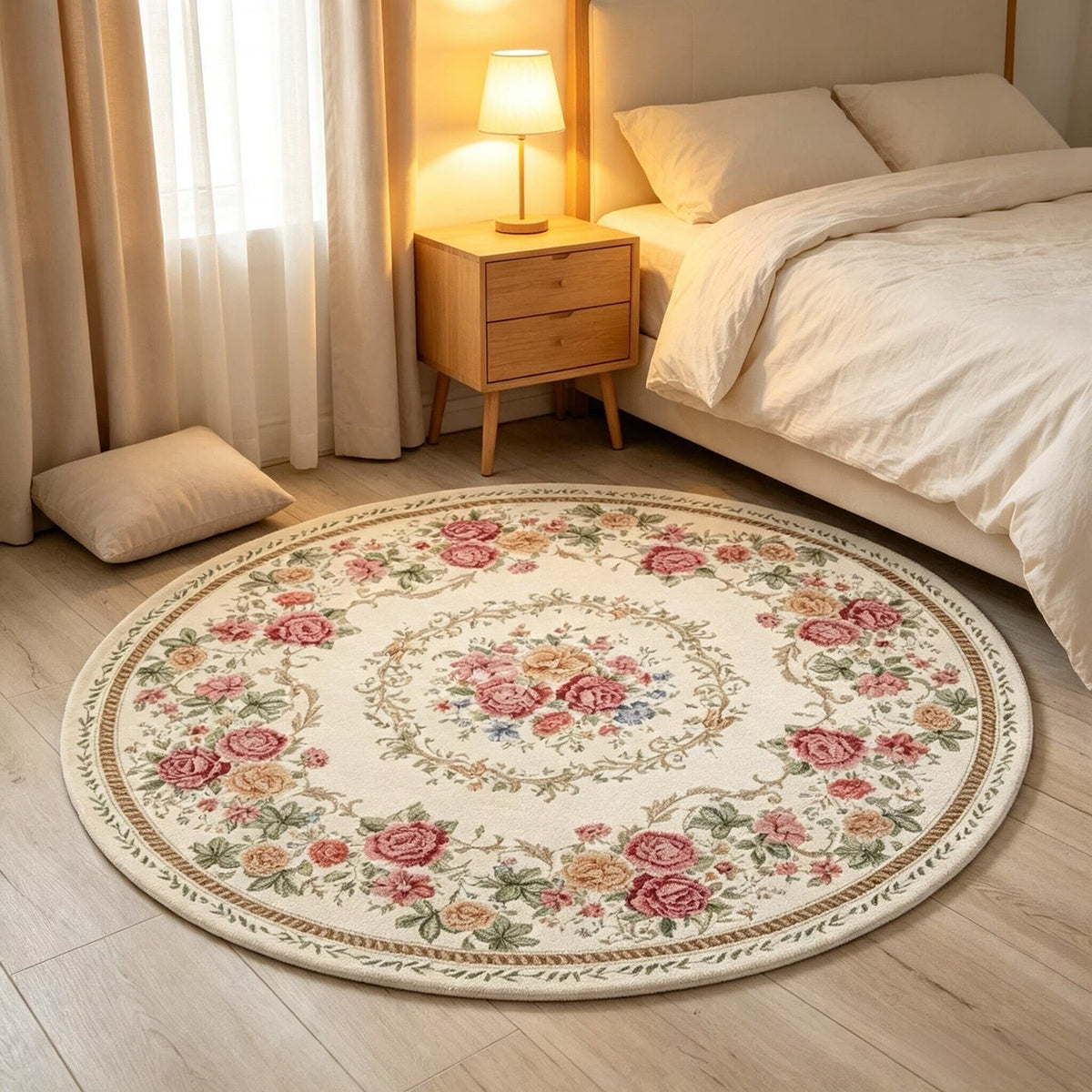French Pastoral Style Round Floral Carpet for Living Room & Bedroom - Light Beige 160cm