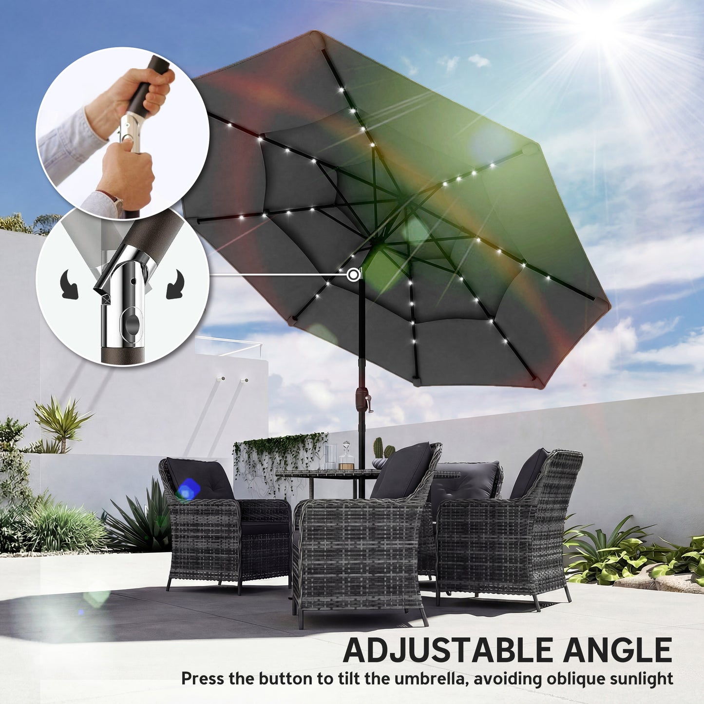 9.7 ft Outdoor Patio Umbrella with Solar LED Lights & Tilt