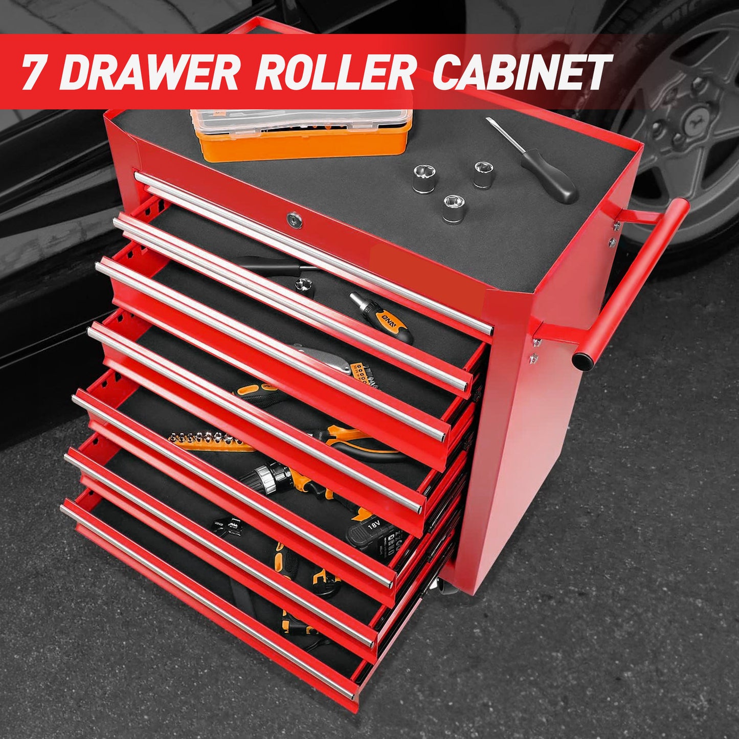 7-Drawer Rolling Tool Chest with Wheels - Red Tool Storage Cabinet
