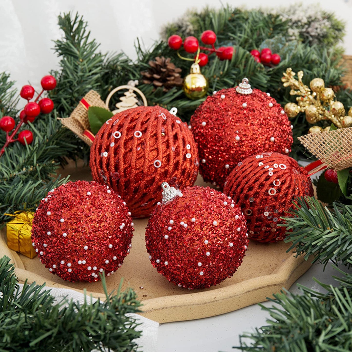 10cm Red Foam Xmas Tree Snowball Ornaments - 6 Pack