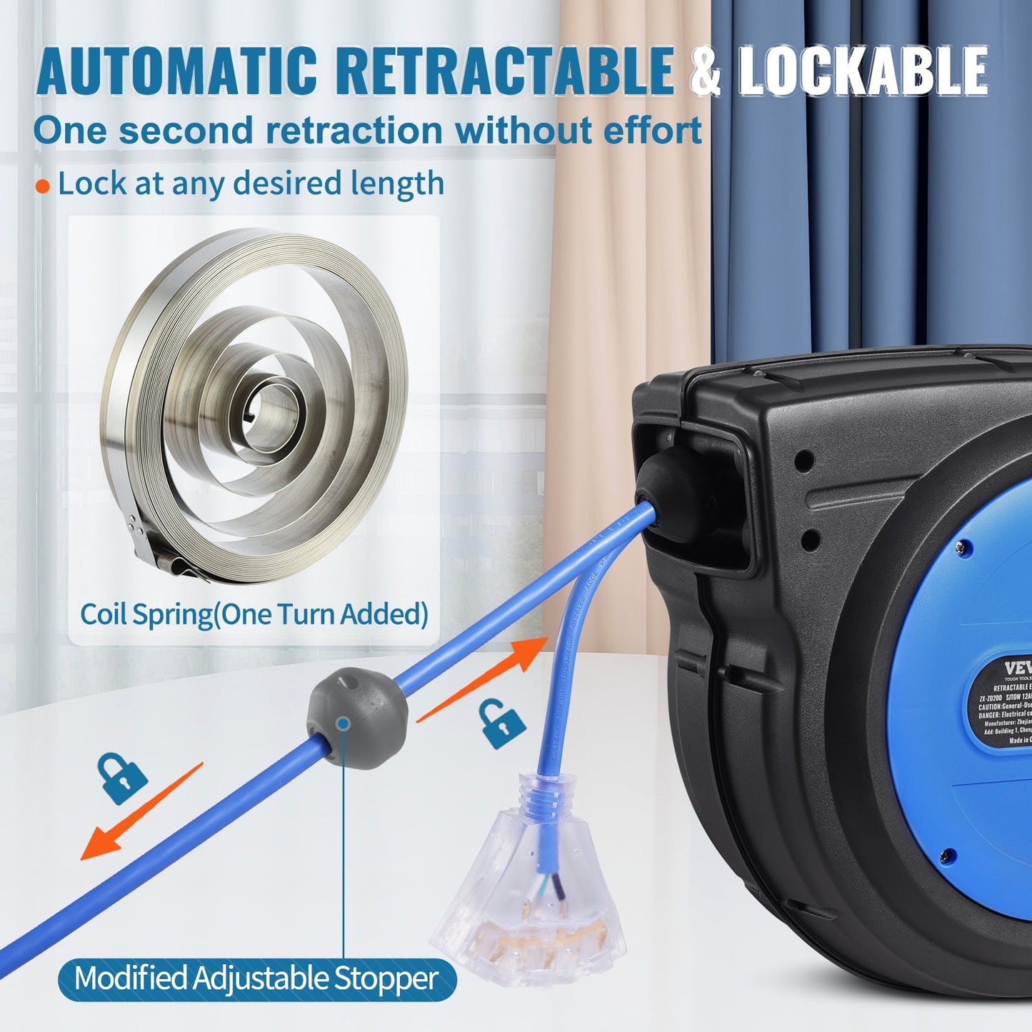 65FT Retractable Extension Cord Reel with 3-Outlets and Overload Protection