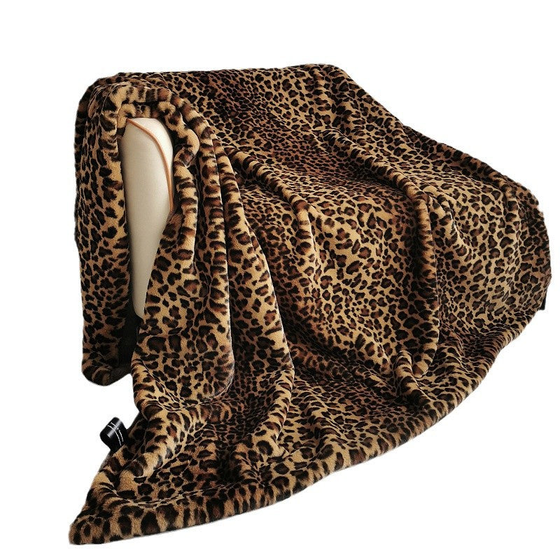 Leopard Print Faux Fur Blanket - Soft Polyester Bedding for All Seasons