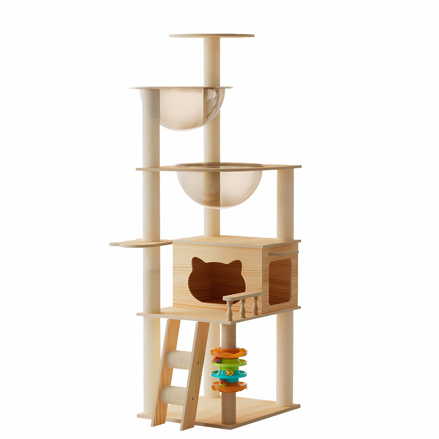 59-Inch Modern Wooden Cat Tower with Sisal Scratching Posts, Top Perch & Acrylic Hammock