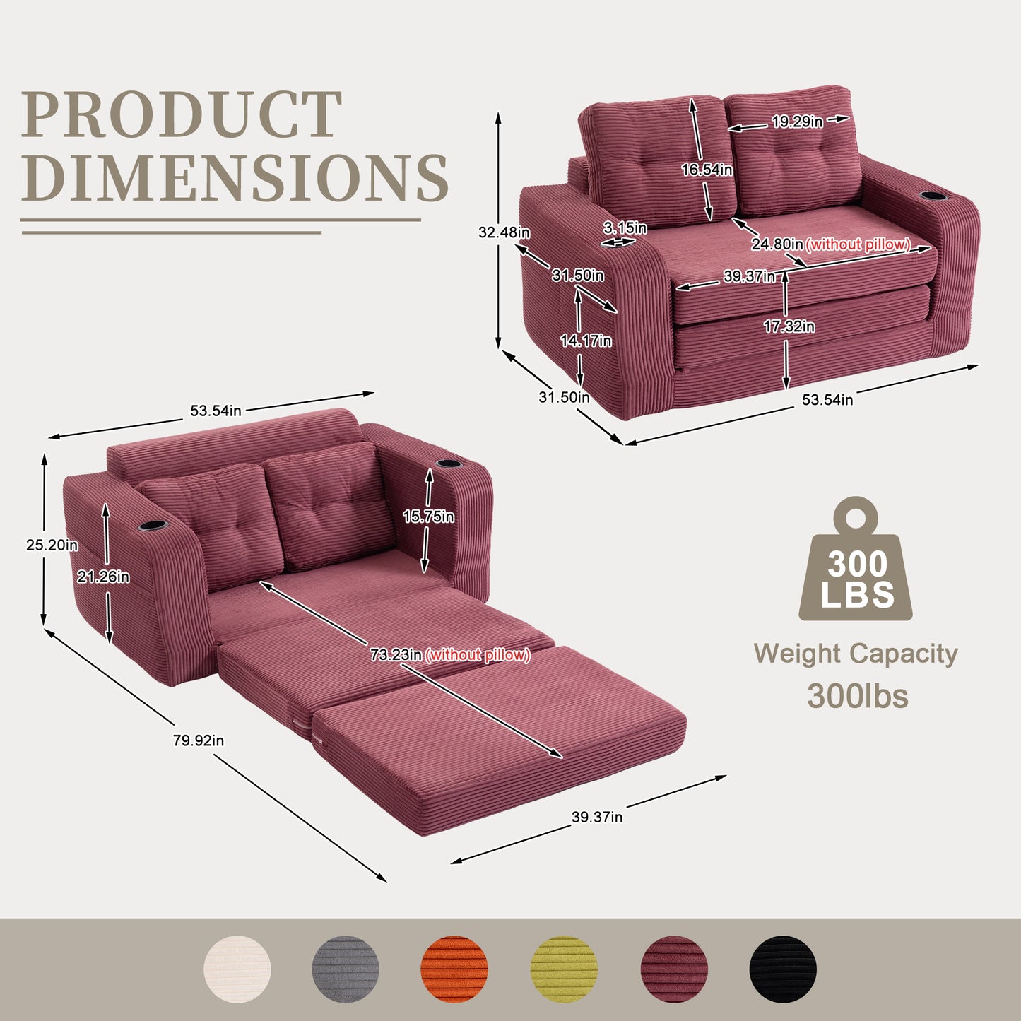 Convertible Sofa Bed - Expandable 2-in-1 Floor Couch with Pillows, Wine Red