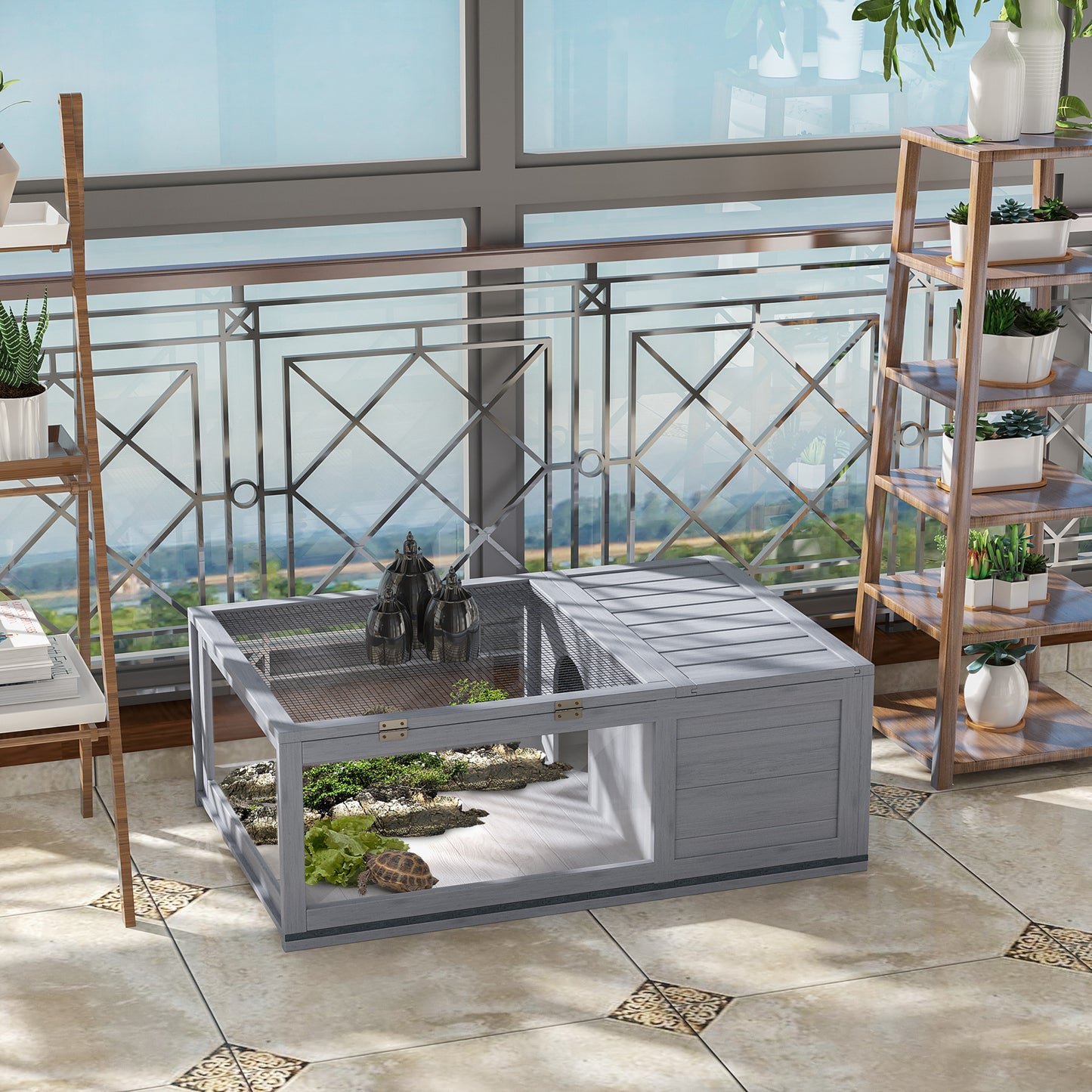 Wooden Reptile Cage with Sliding Tray for Turtles, Lizards, Snakes - Grey
