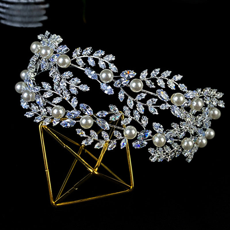 Bridal Pearl Zircon Crown Tiara - Silver