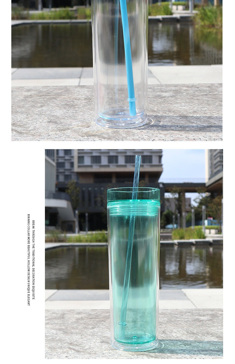 Large Capacity Double-Layer Drinkware Cup with Straw - Multiple Colors & 710ml