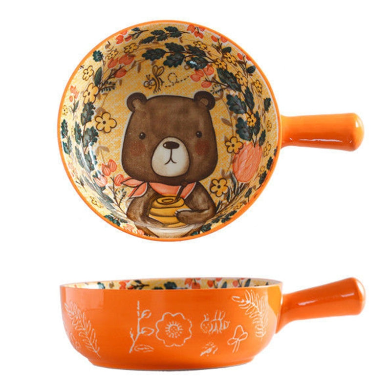 Ceramic Salad Bowl with Handle - Animal Illustration, 16-17cm, Dishwasher Safe