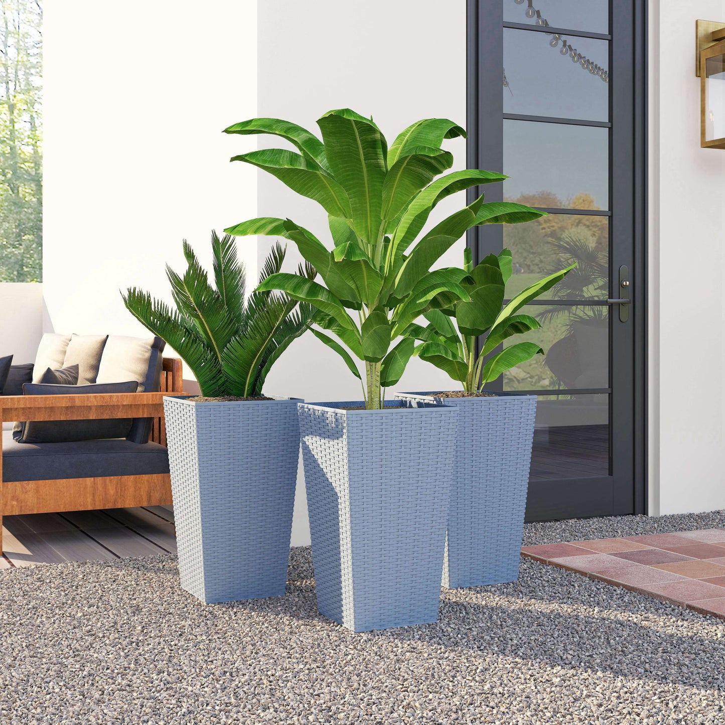 Tall Outdoor Plant Planters Set of 3 - 24 Inch Rattan-Style Flower Pots with Drainage Holes, Light Gray