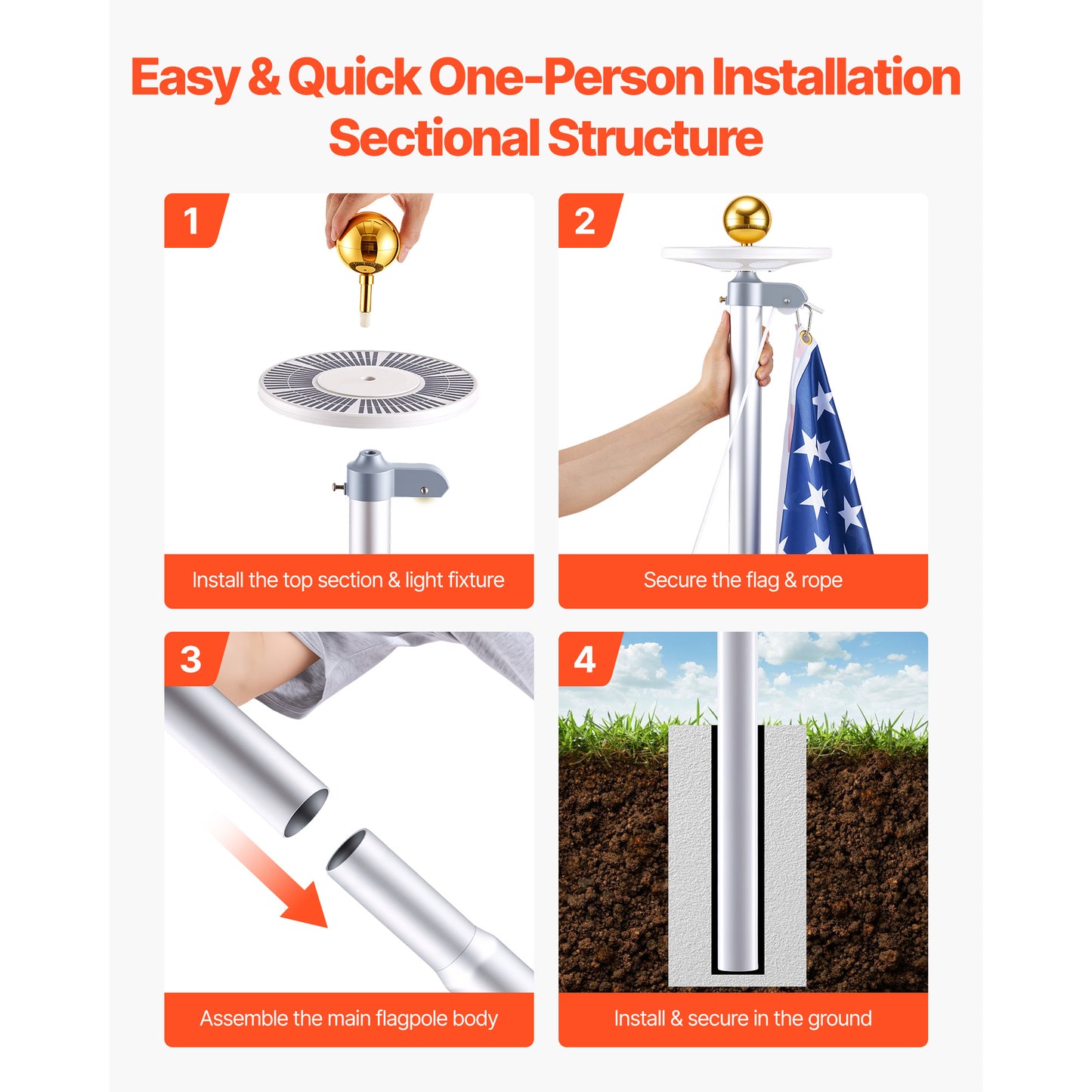 20ft Heavy Duty Aluminum Flagpole Kit with 136 LED Solar Light and American Flag for Yard & Garden