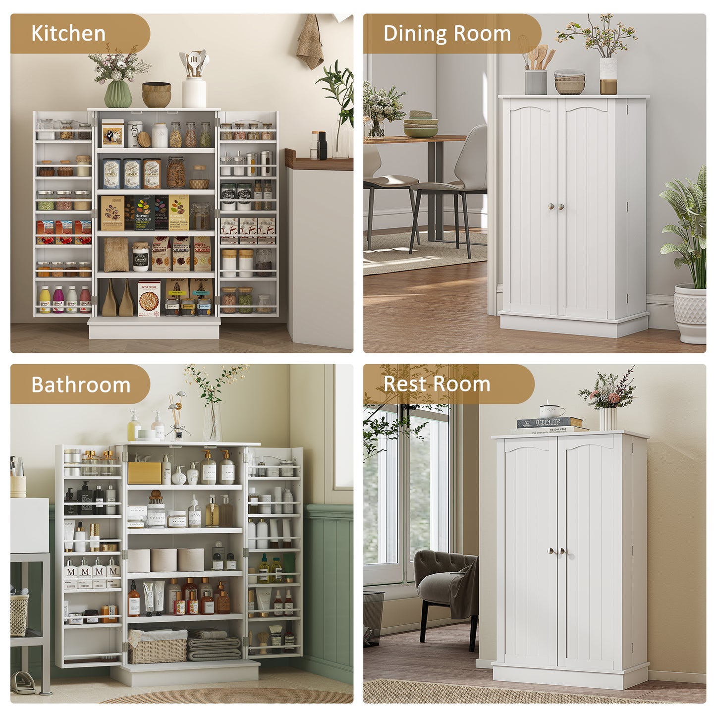 Freestanding Kitchen Pantry Cabinet with 5-Tier Shelving - White