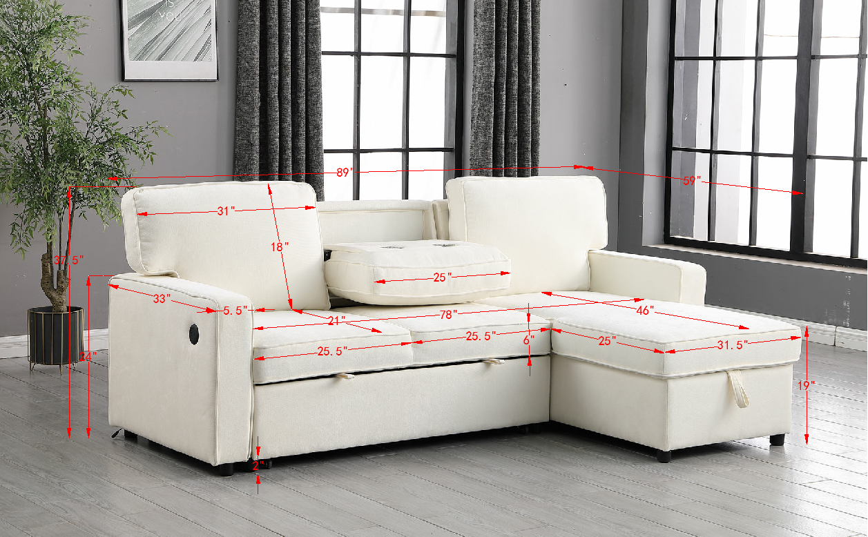 Upholstery Sleeper Sectional Sofa with Storage & USB Port - Beige