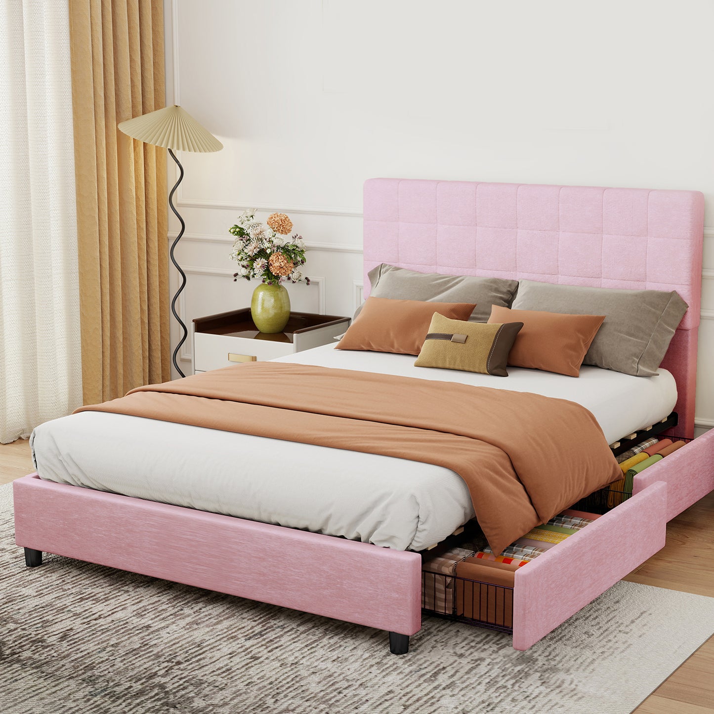 Queen Bed Frame Upholstered Vertical Channel Headboard With 4 Storage