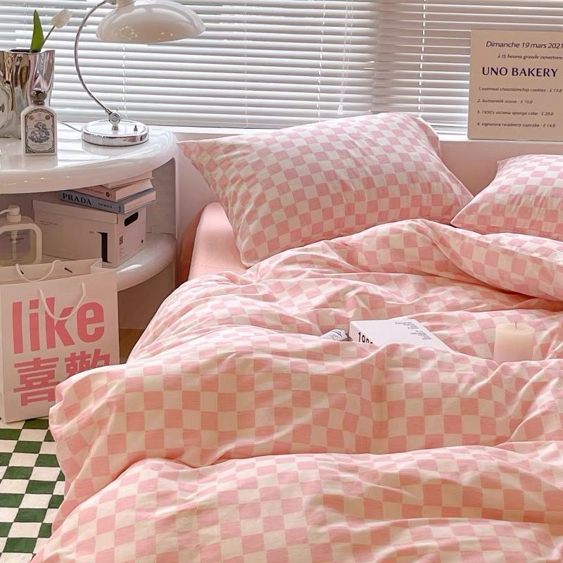 Cotton Checkered Bed Set - 4 Pieces Modern Geometric Bedding Collection