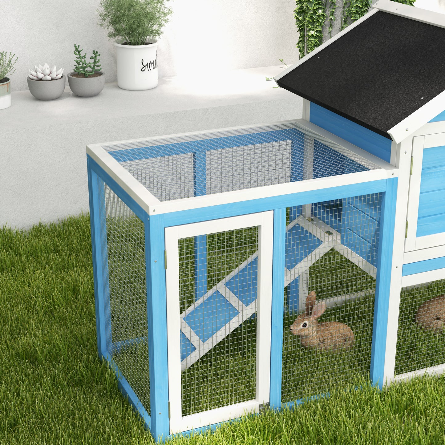 48-Inch Wooden Rabbit Hutch with Waterproof Asphalt Roof & Removable Tray - Light Blue