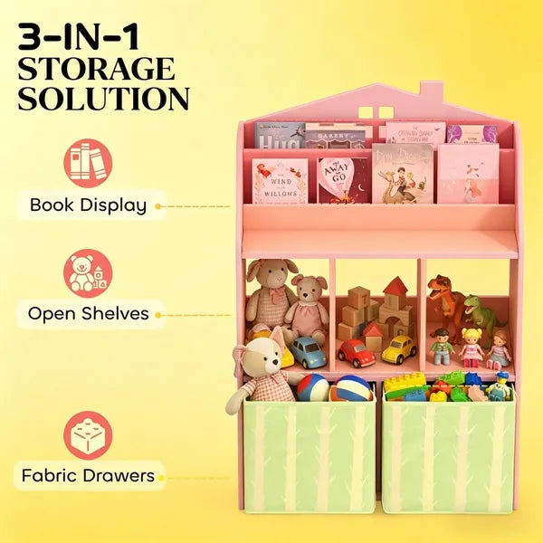 Kids Book Shelf with Drawers - House Shape, Pink