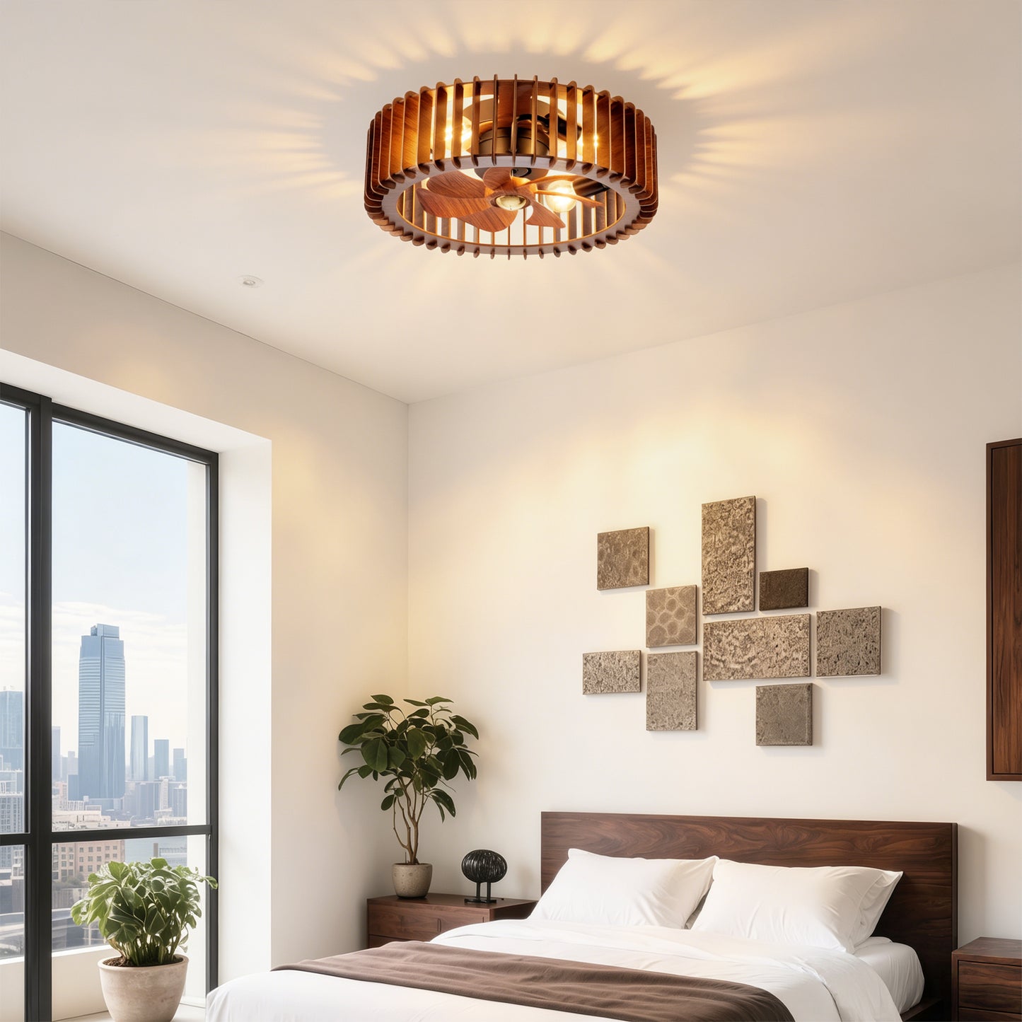 20" Modern Flush Mount Ceiling Fan Light with Remote Control - Wood