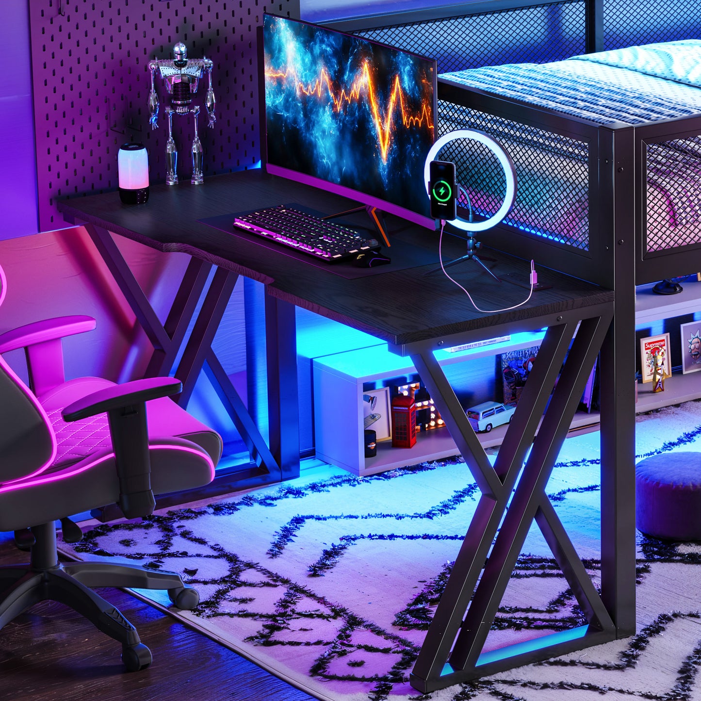 Gaming Loft Bed with Desk, LED Lights & USB Ports - Black
