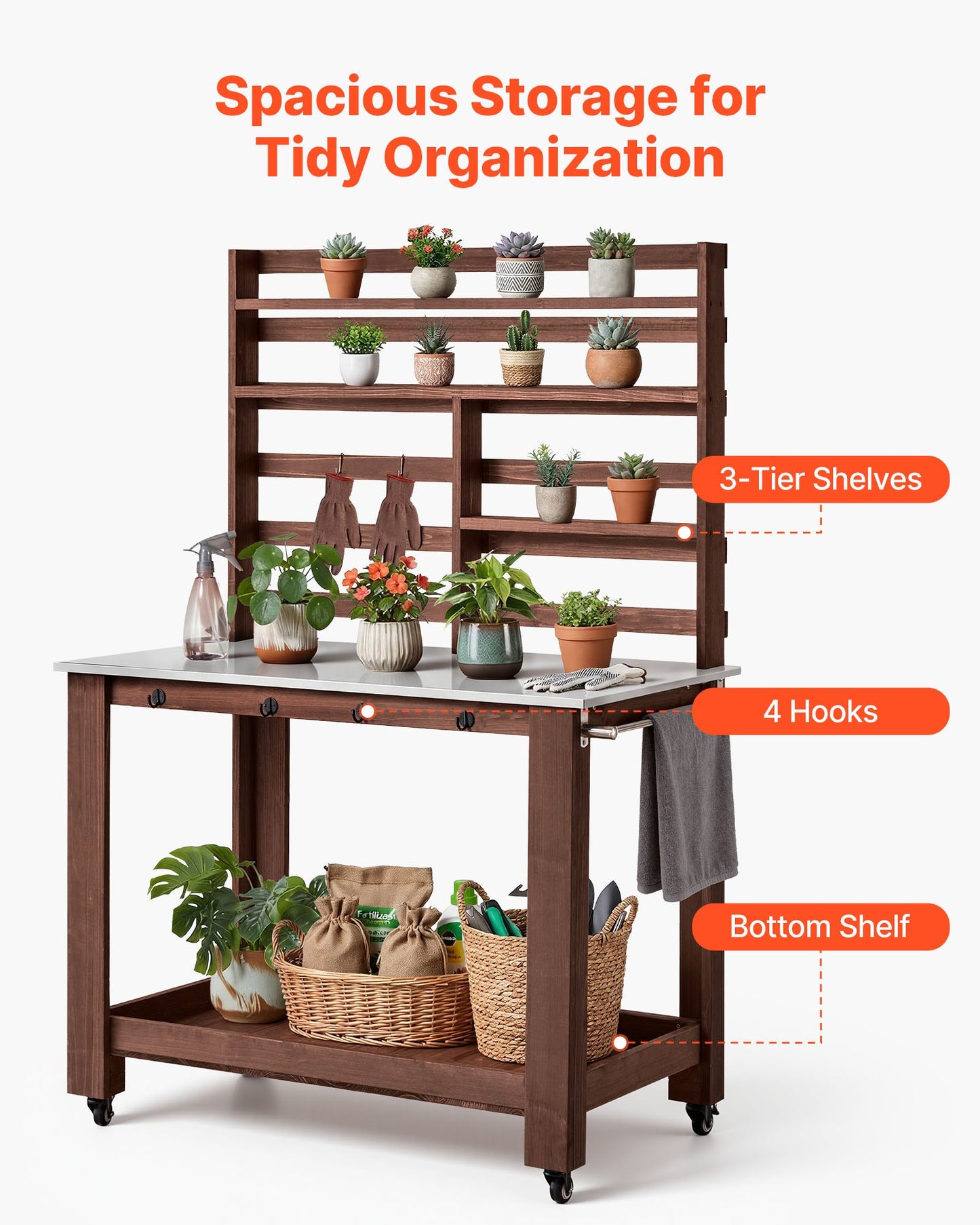 Black Potting Bench Table with Stainless Steel Top and Storage Shelves - Outdoor Garden Workstation