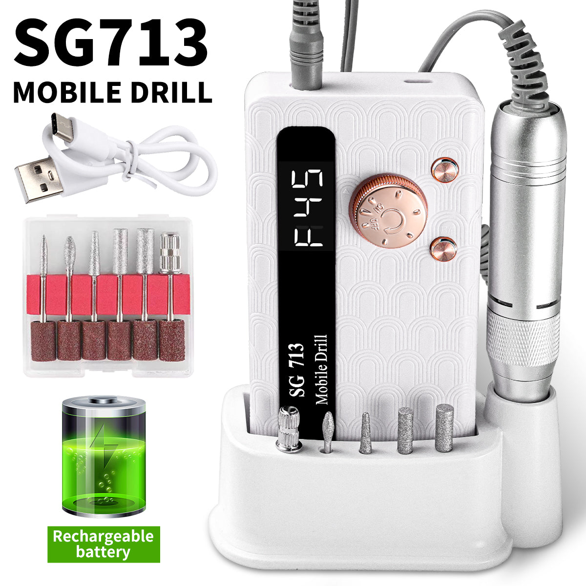 45000RPM Rechargeable Electric Nail Drill Kit - Portable E-File with 6 Bits