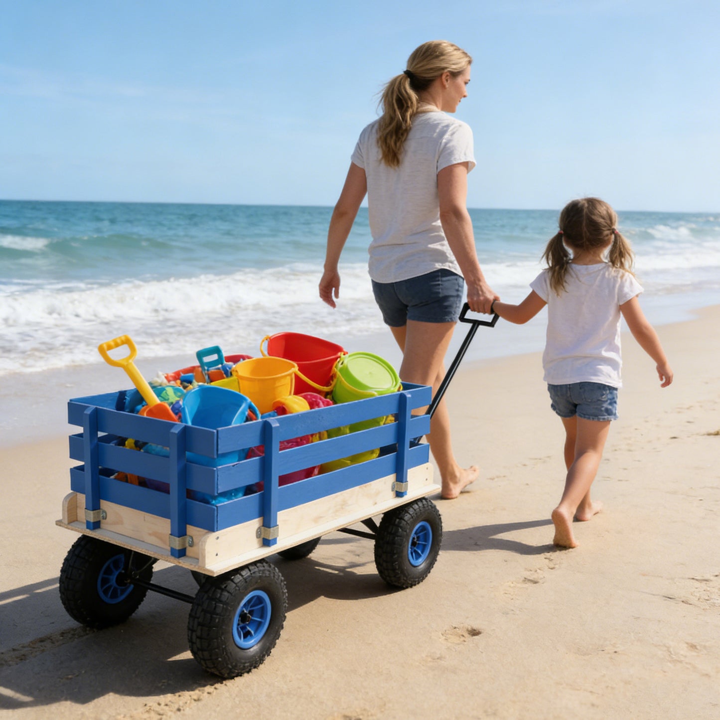 Blue Wooden Kids Pull Wagon with Removable Side Rails & All-Terrain Wheels