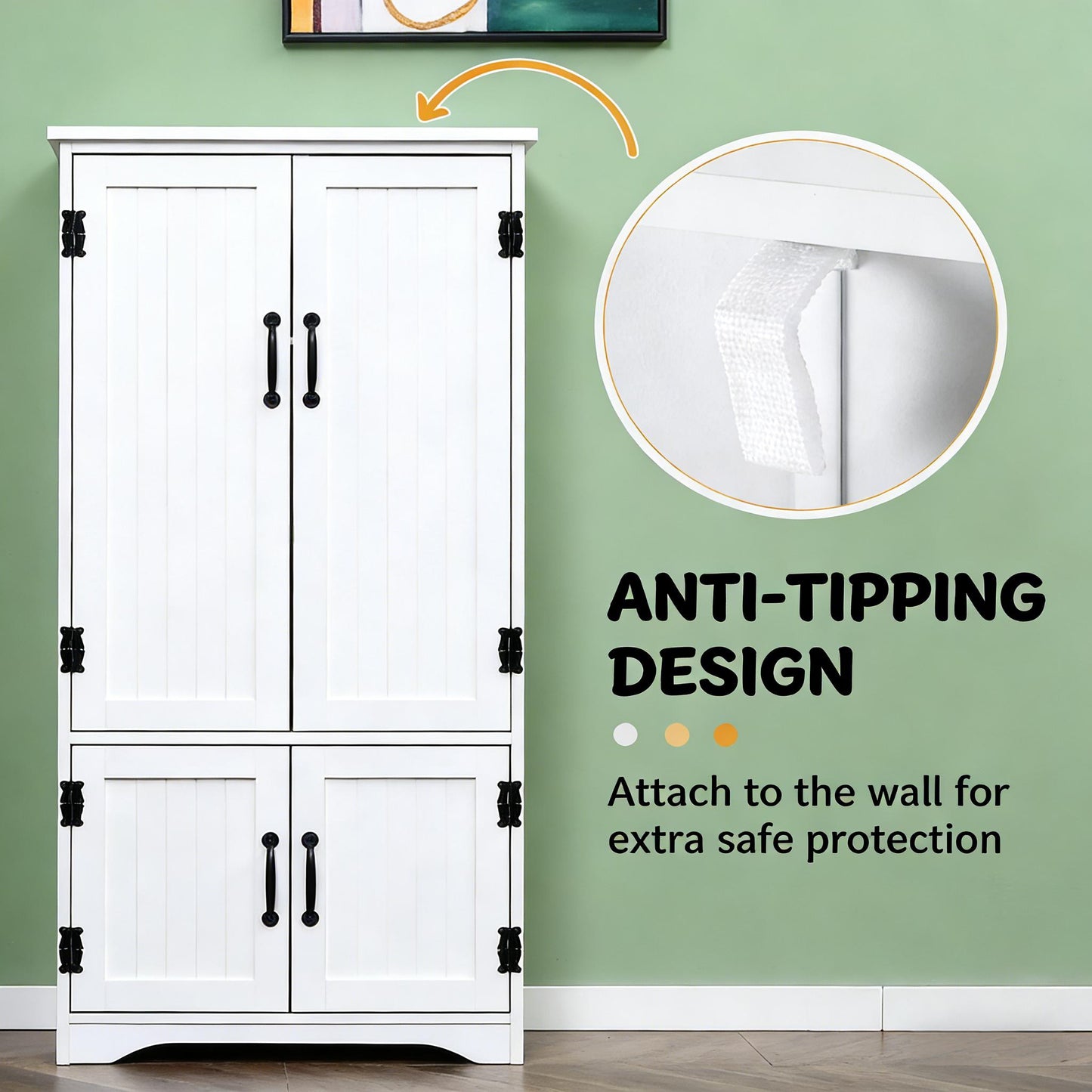 Freestanding White Kitchen Pantry Cabinet with Adjustable Shelves
