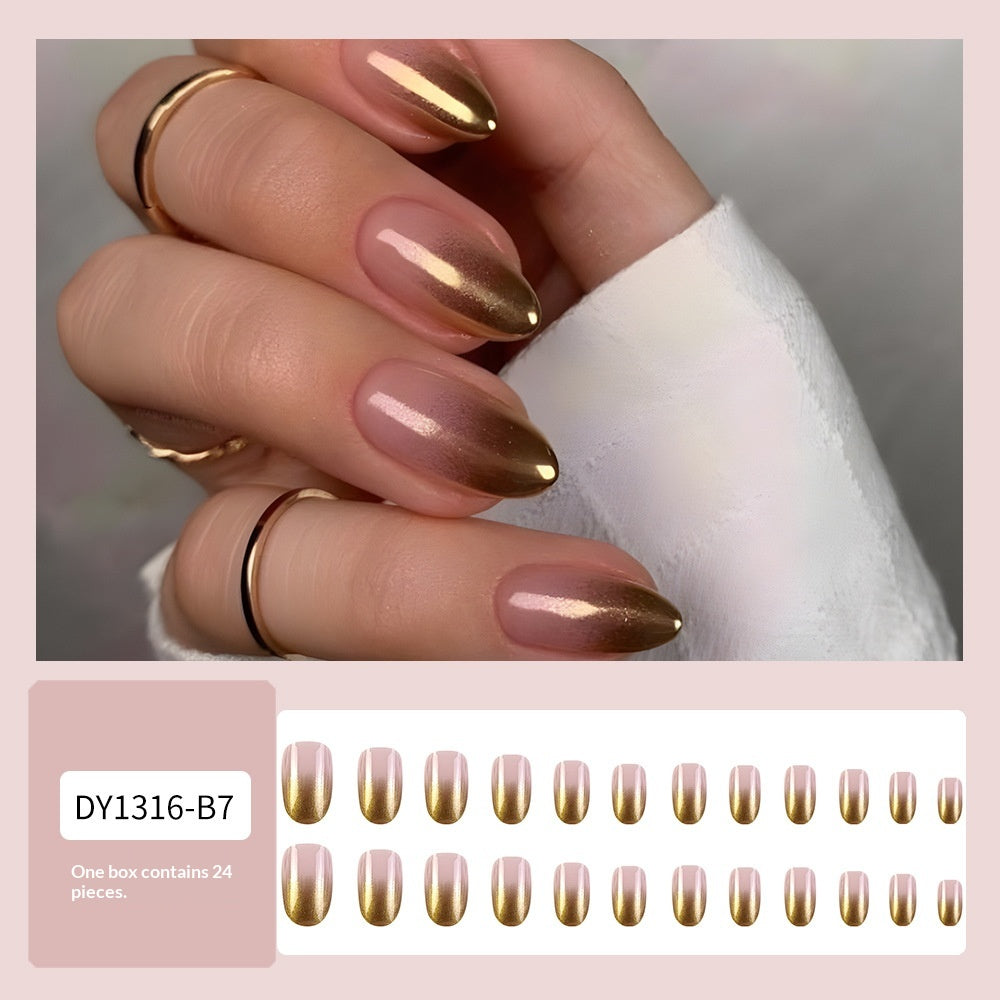 24 Pcs Short Oval Gold Gradient Nail Stickers with Glue & Nail File - Nail Art Kit