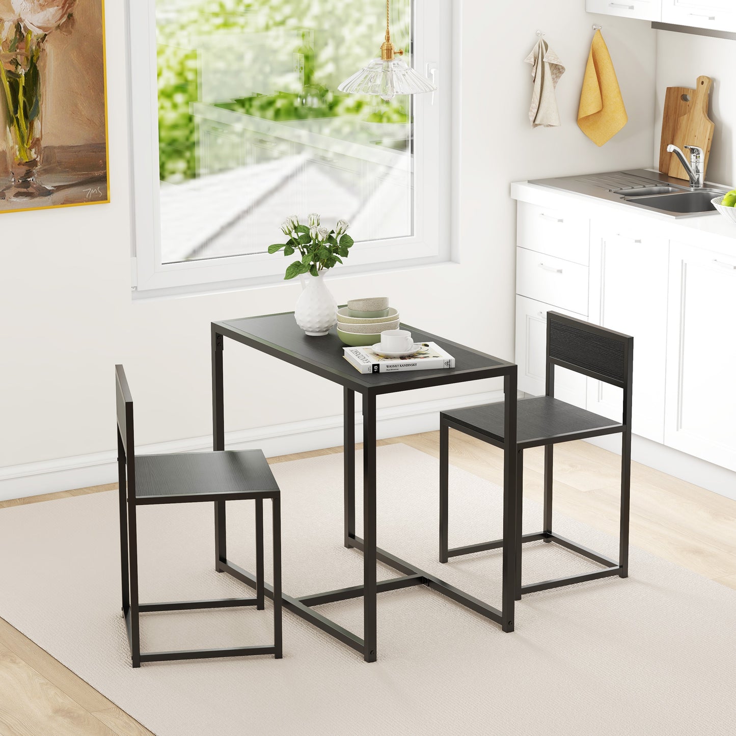 3-Piece Industrial Dining Room Set with Table & 2 Chairs - Black
