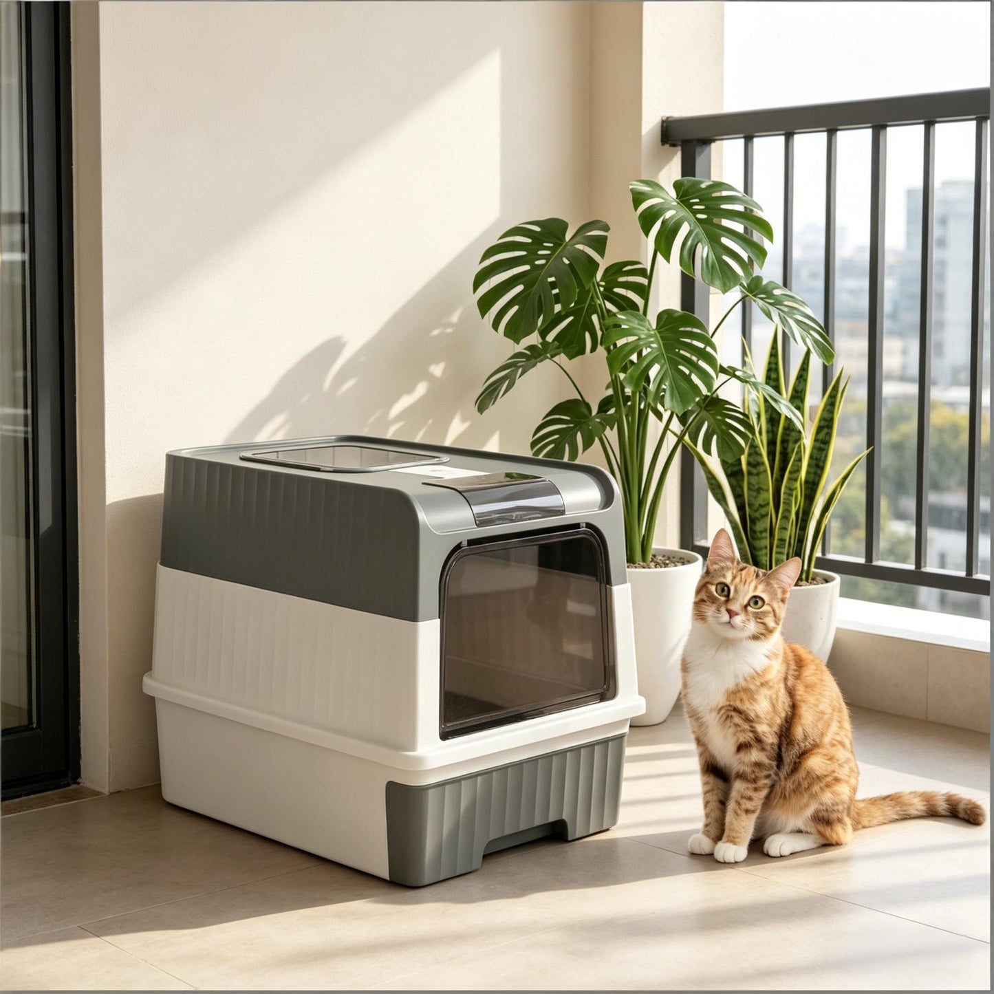Compact Enclosed Cat Litter Box with Top Exit Design - Black, Gray, White
