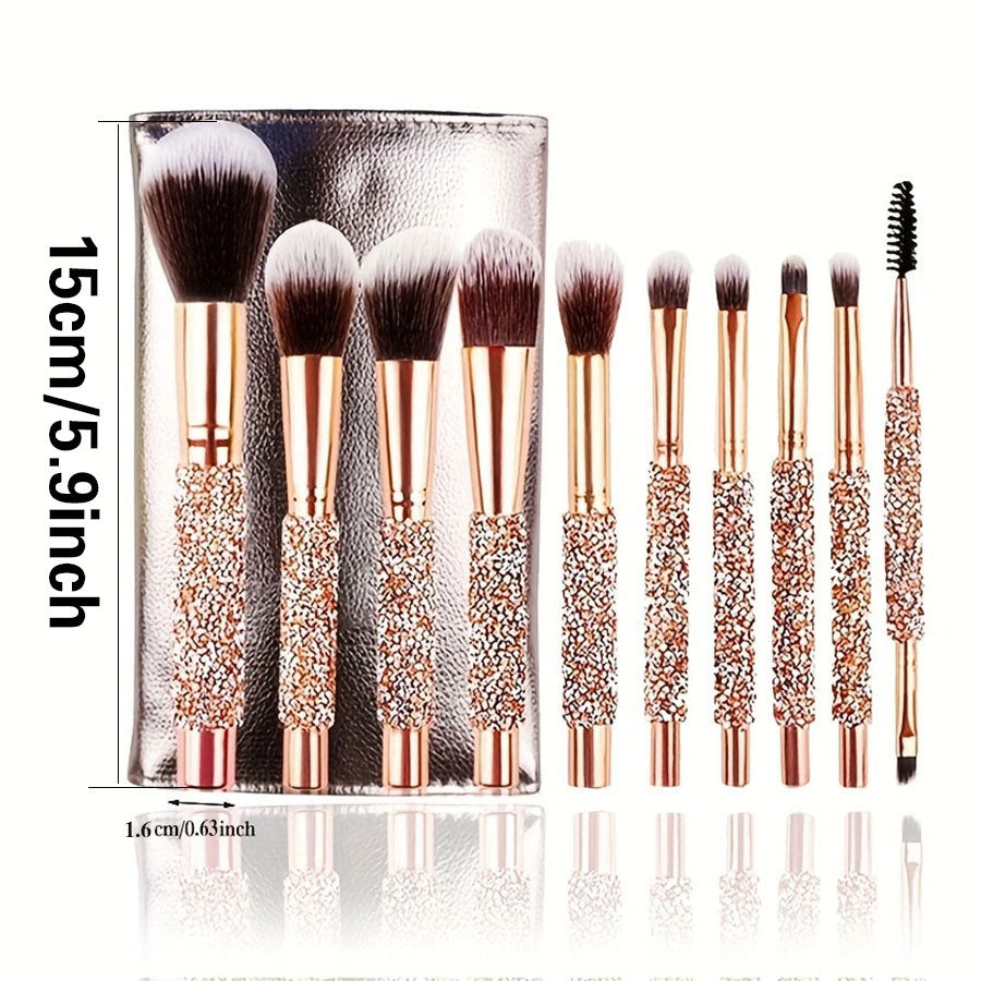 10-Piece Luxury Crystal Makeup Brush Set - Diamond Handle with Pouch