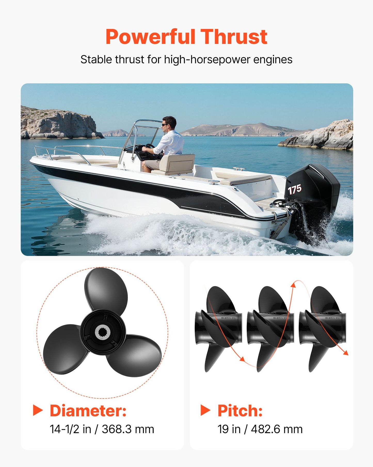 Outboard Propeller 3-Blade RH Aluminum Replacement for Mercury/Mariner 135-300 HP