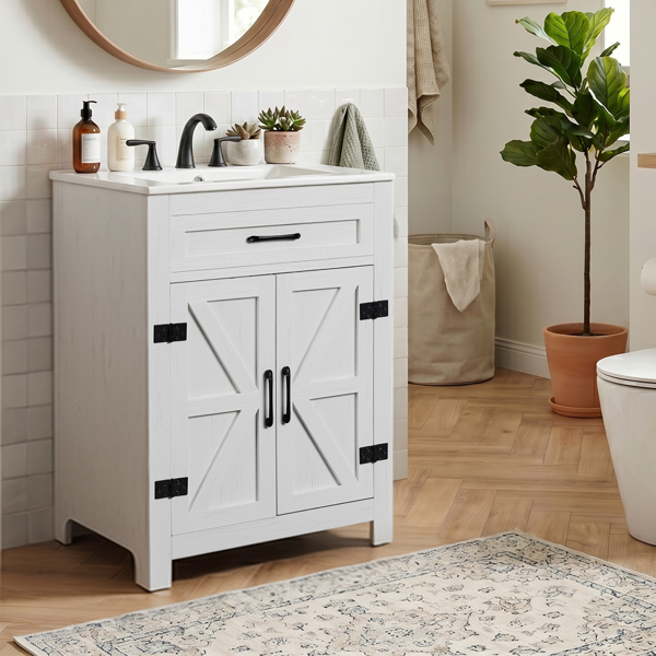 30-Inch Water-Washed White Double Barn Door Vanity Cabinet