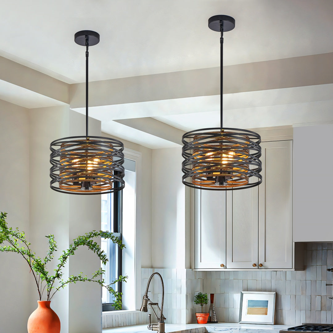 3-Light Industrial Pendant Chandelier with Wood Accents