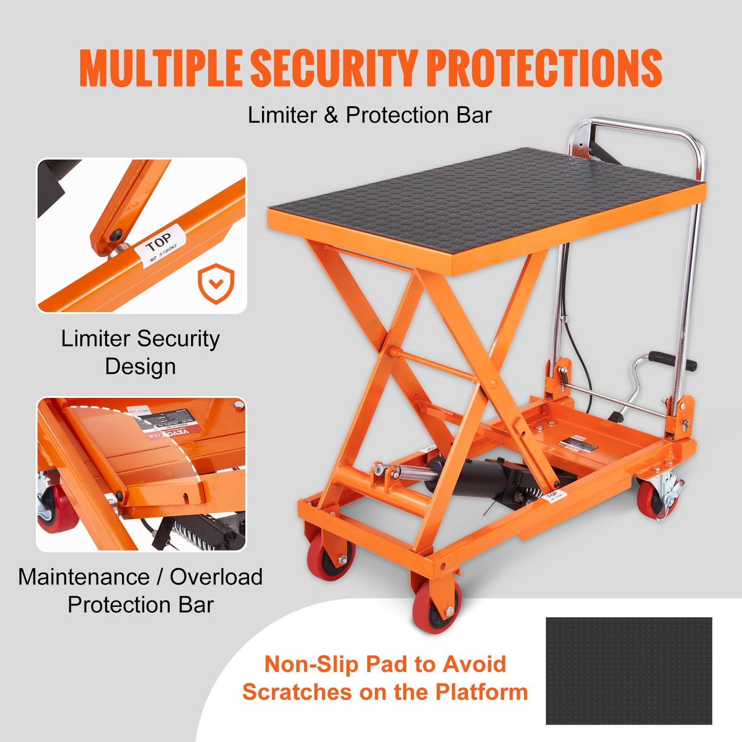 Hydraulic Lift Table Cart 330lbs Capacity with Non-slip Pad - Orange