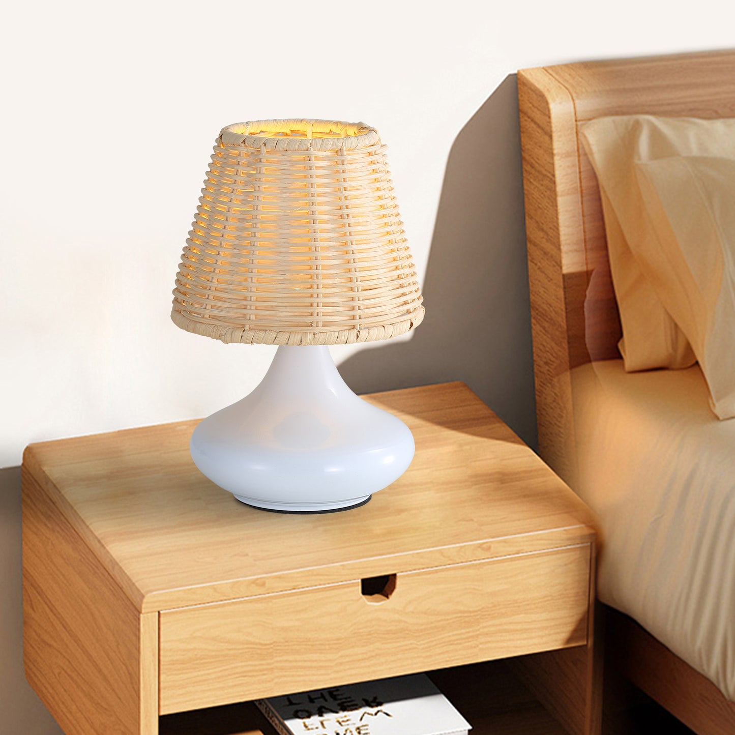 Dimmable White Bamboo Table Lamp with Iron Base - 3 Light Colors, Night Light