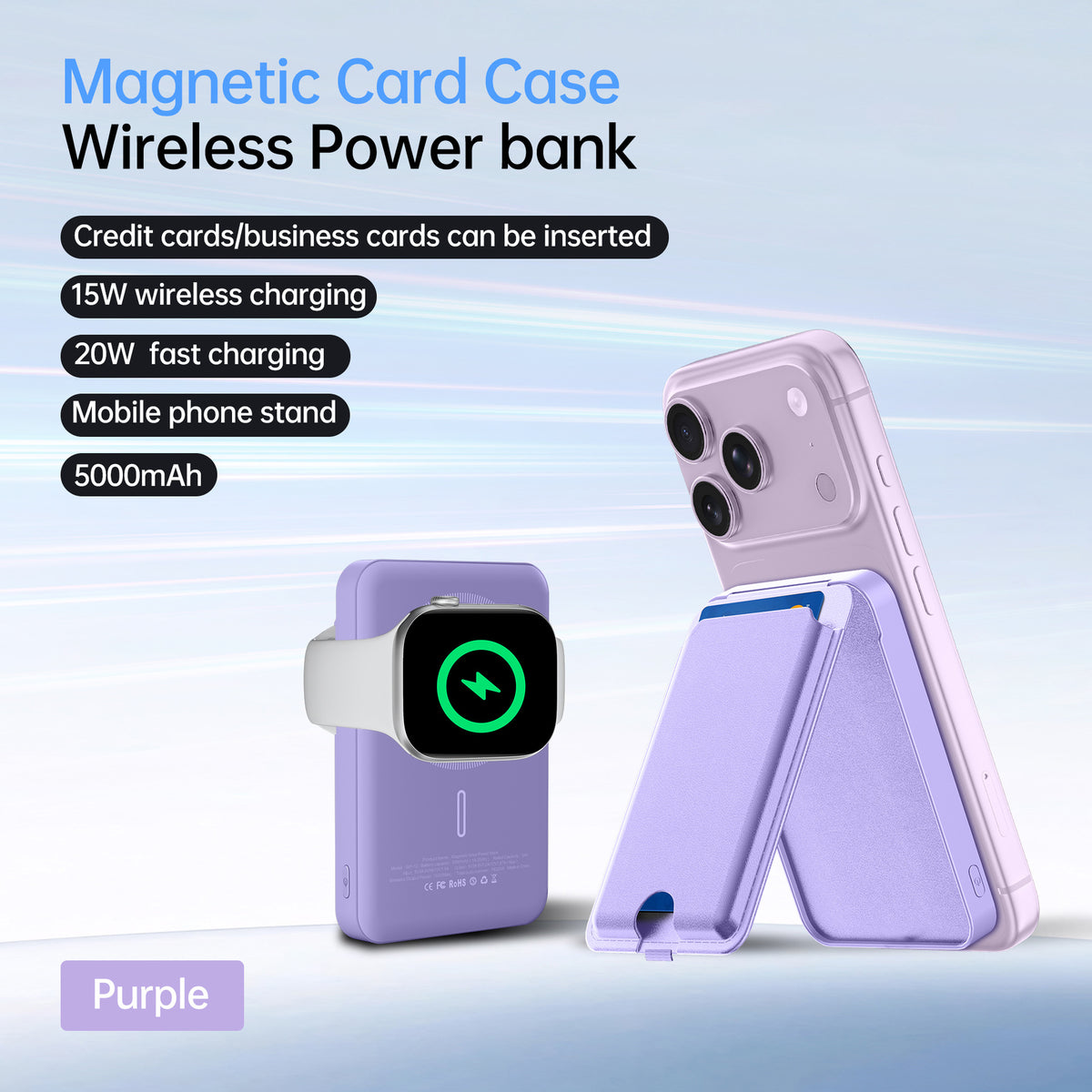 Magnetic Card Holder with Built-in Stand and 5000mAh Capacity - Cross-border Certified