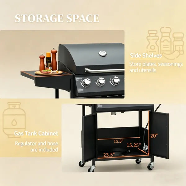 Portable Charcoal Grill with 4-Burner Cooking Area