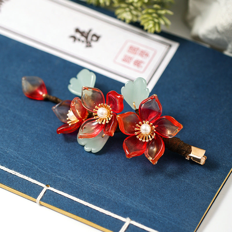 Red Crystal Flower Hairpin - Vintage Hanfu Accessory