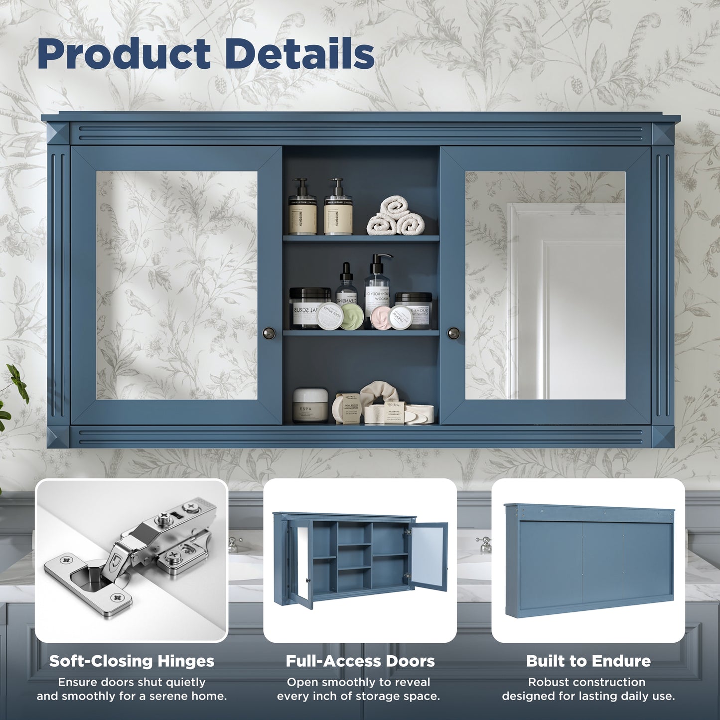 55 Inch Wall-Mount 2-in-1 Mirror Cabinet With Adjustable Shelves,