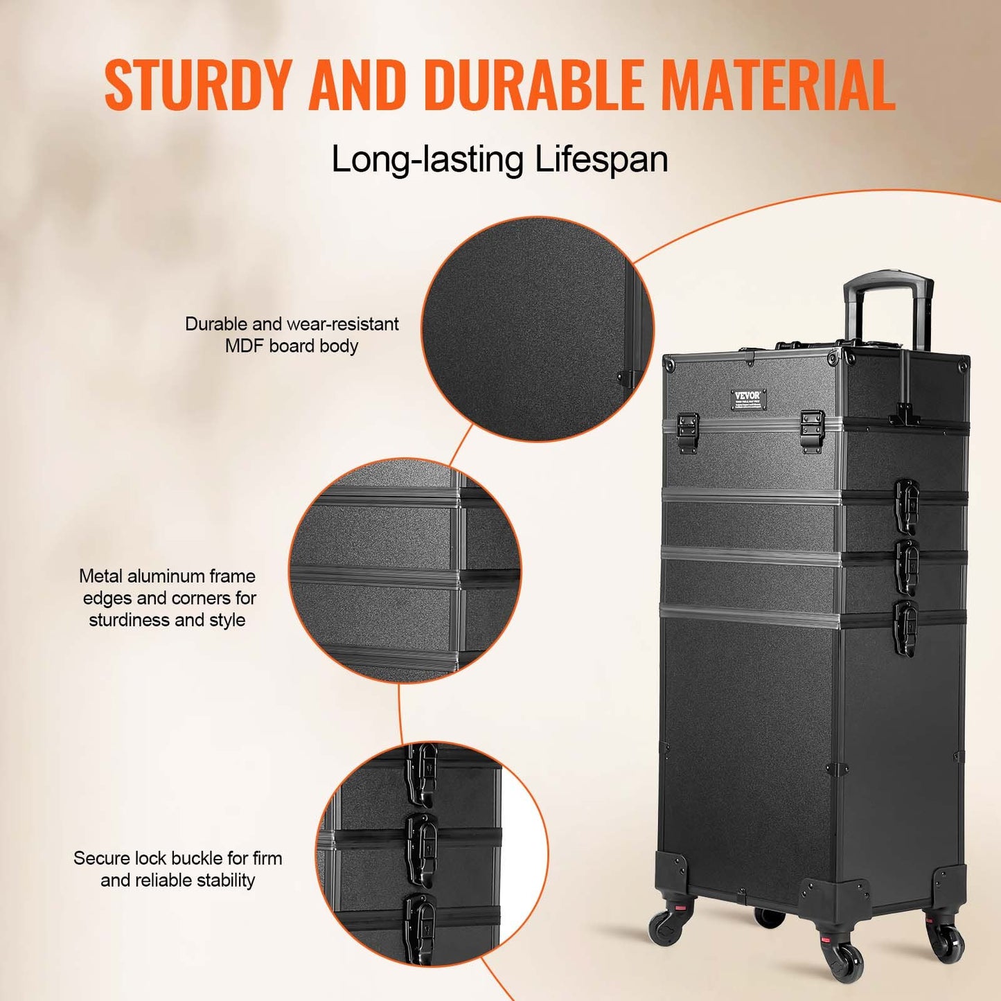 Large Makeup Train Case with 4 Detachable Compartments and 360° Wheels - Travel Cosmetic Organizer