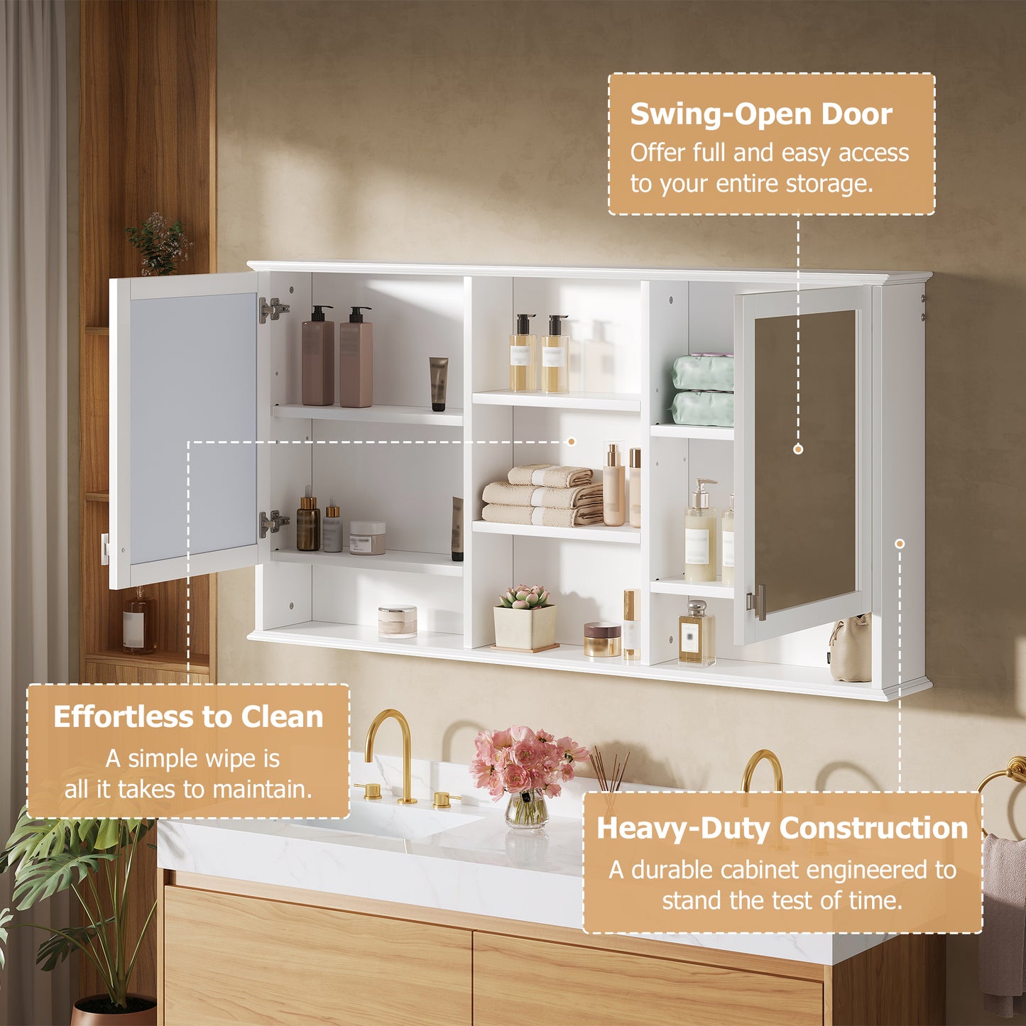 55-Inch Wall-Mount Mirror Cabinet with Adjustable Shelves - White