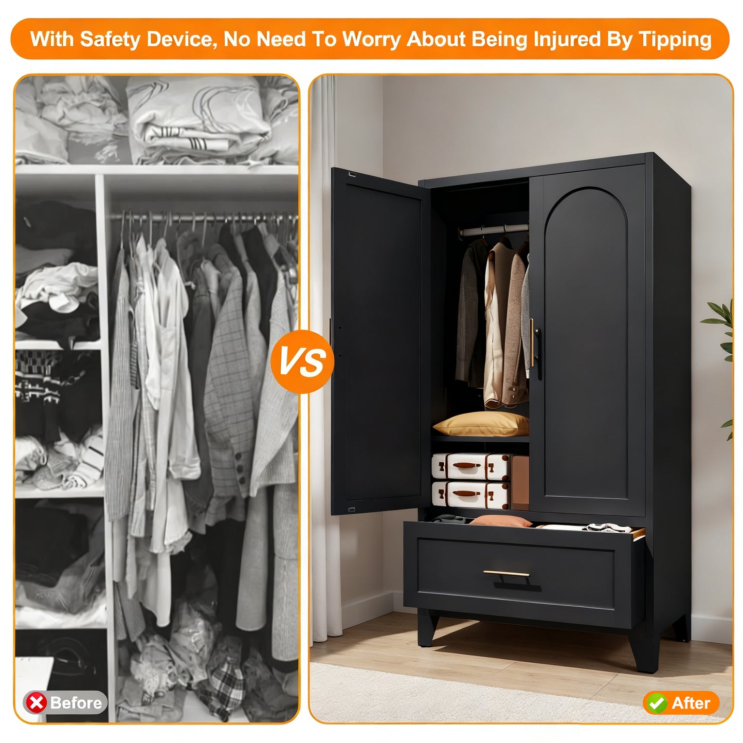 60-Inch Tall Metal Wardrobe Cabinet with Drawer and Shelf - Black