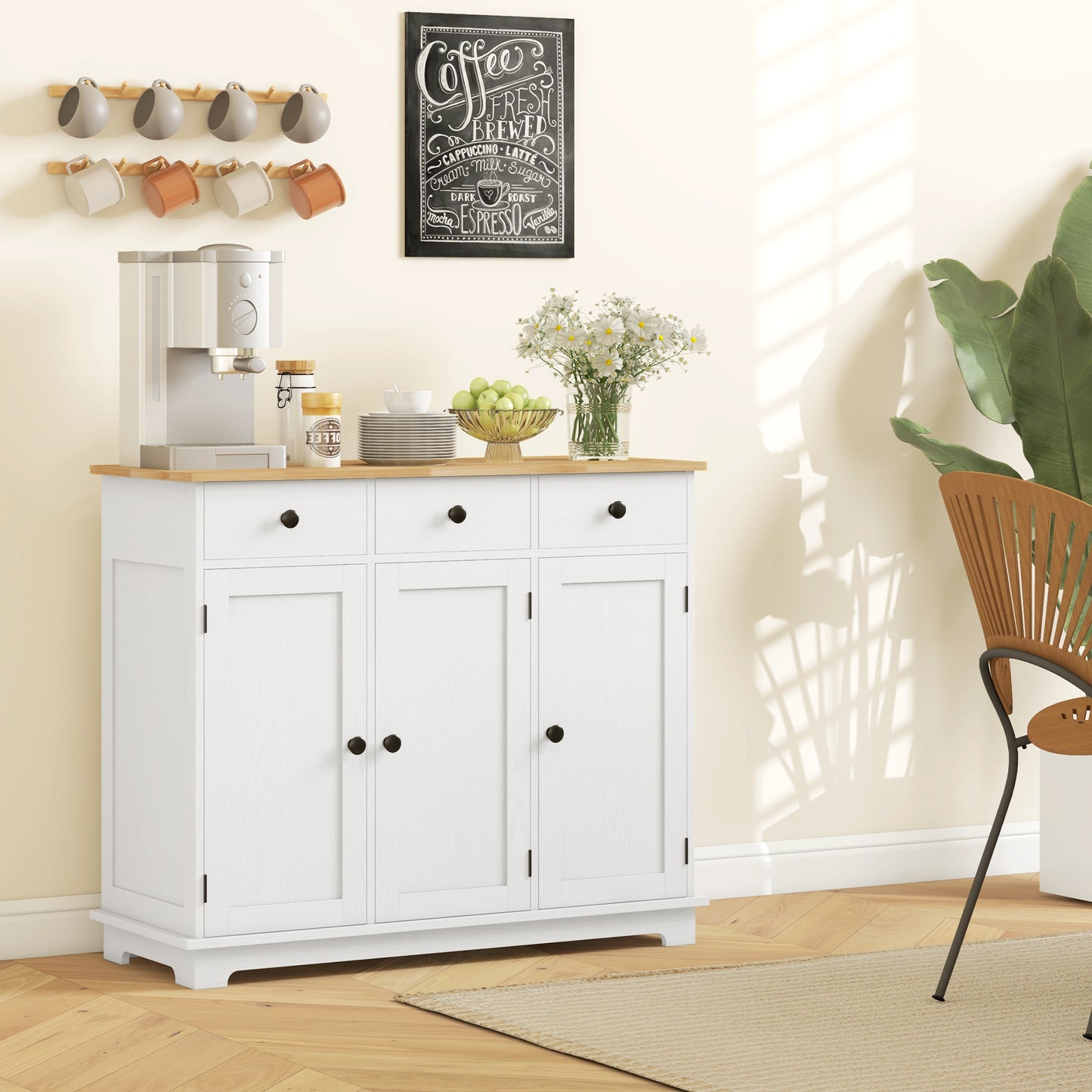 Kitchen Storage Cabinet with Adjustable Shelf & 3 Drawers - Distressed White