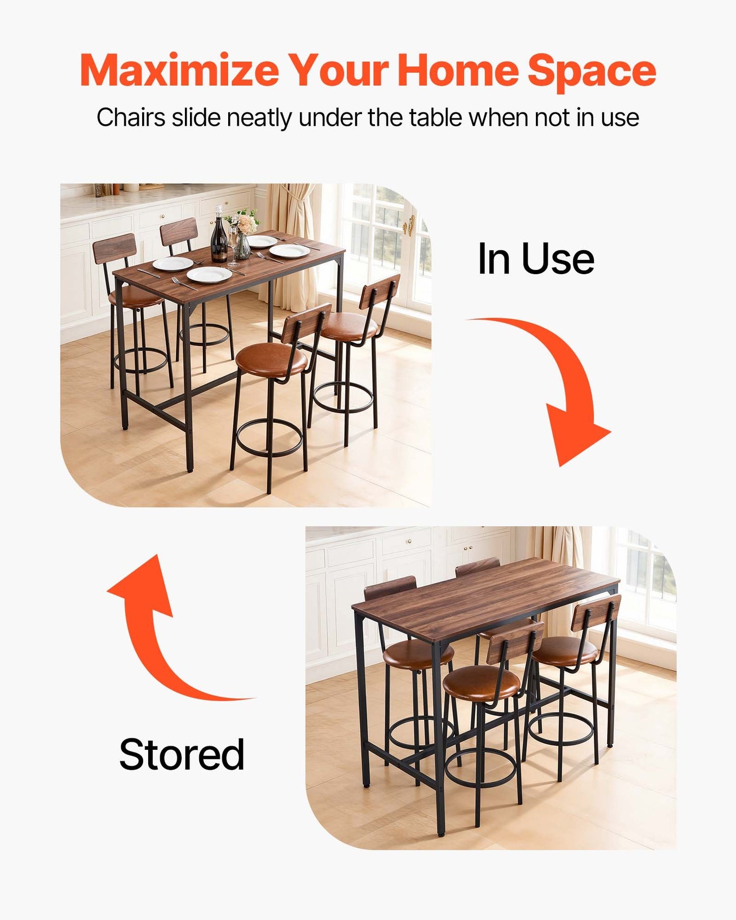 5-Piece Bar Table and Chair Set with Rounded Edge Design - Walnut & Black Finish