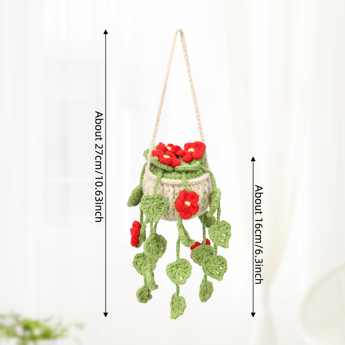 Handmade Crochet Hanging Potted Ornament with Red Blossoms & Green Vines - Indoor Home Decor