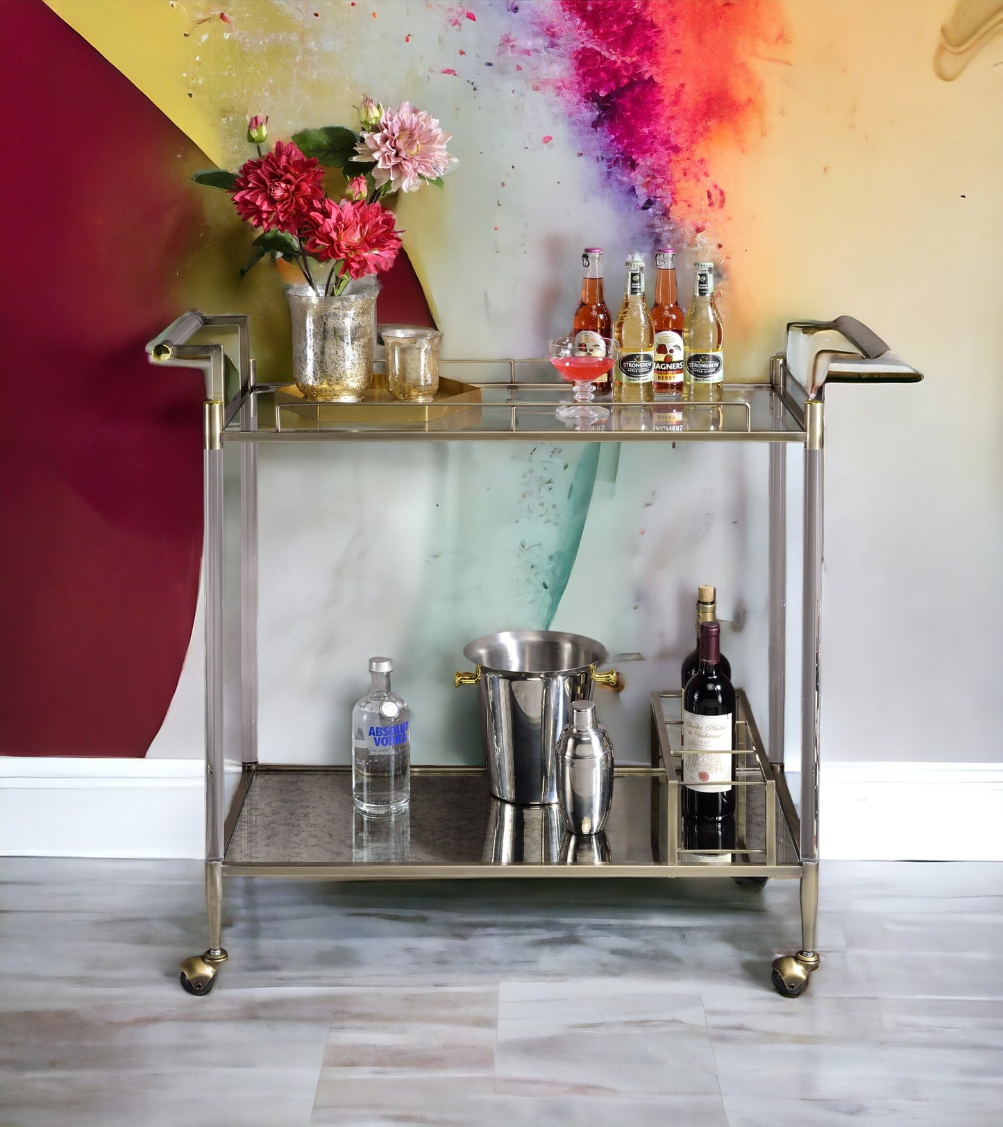 Antique Mirror & Wire Brass Finish Serving Cart - White