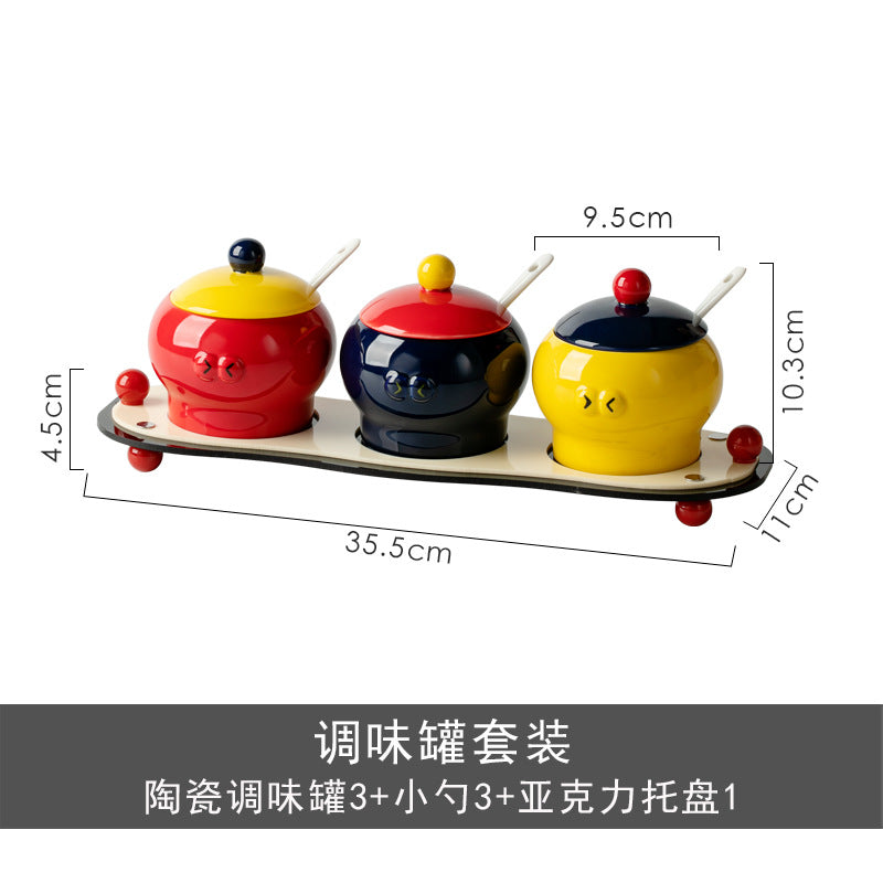 Ceramic Seasoning Jar Set with Lid and Spoon - Kitchen Storage Organizer