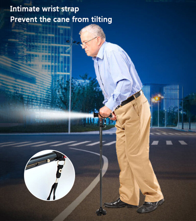Adjustable Walking Stick Cane with LED Light & SOS Alarm - Black