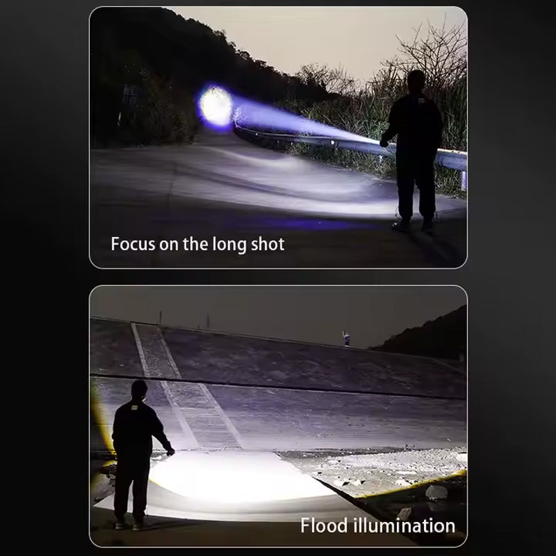 Rechargeable 50,000 Lumens LED Flashlight with Zoom, USB-C Charging & Emergency Power