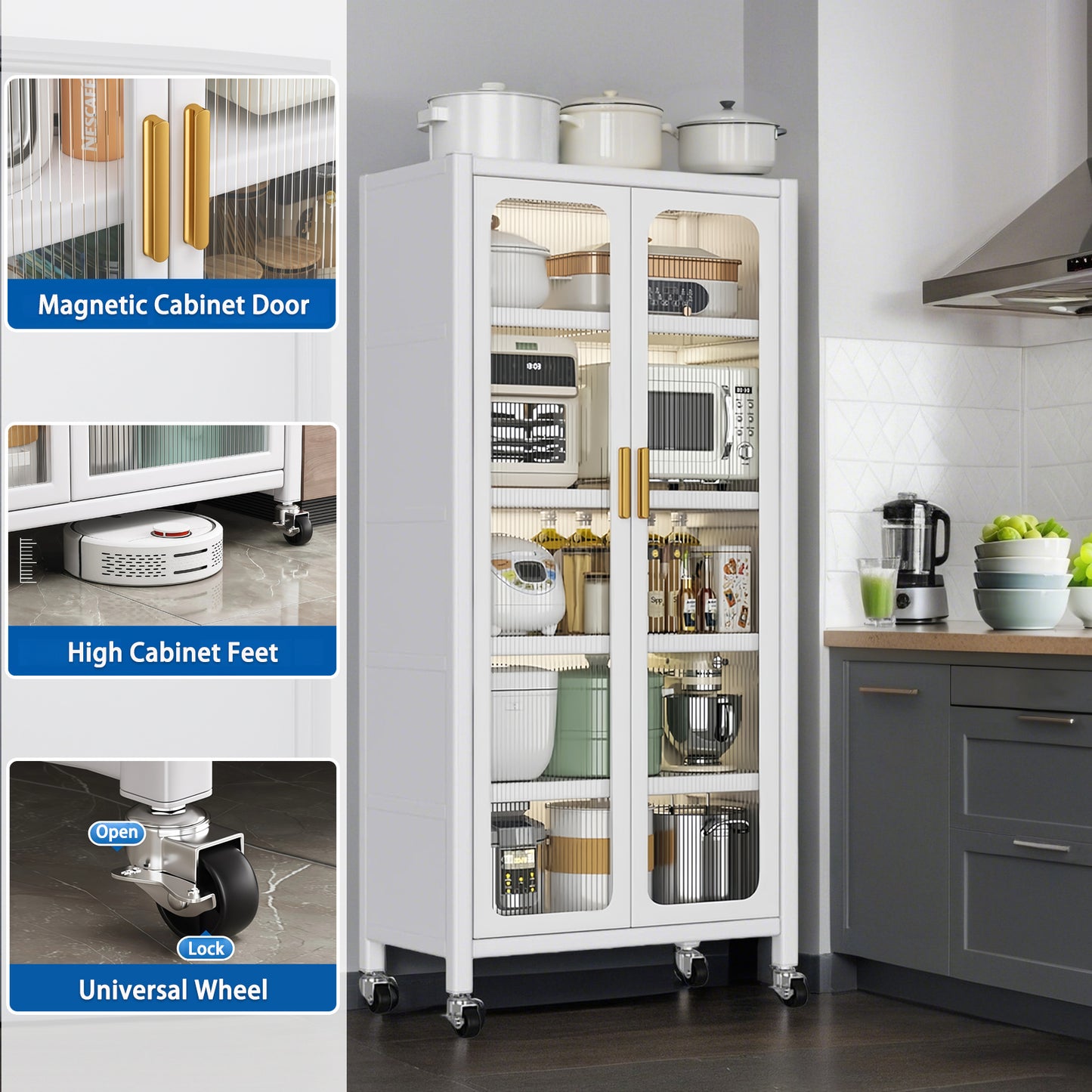 65 Kitchen Pantry Storage Cabinet, 6 Tier Metal Display Cabinet With